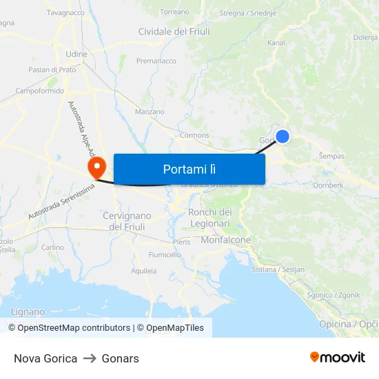 Nova Gorica to Gonars map