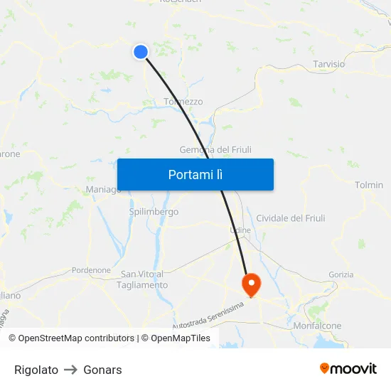 Rigolato to Gonars map