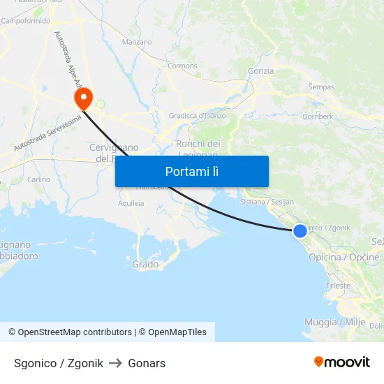 Sgonico / Zgonik to Gonars map