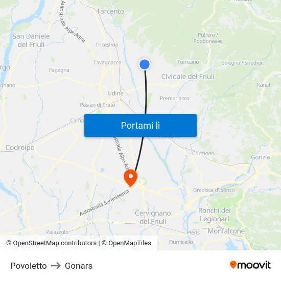 Povoletto to Gonars map