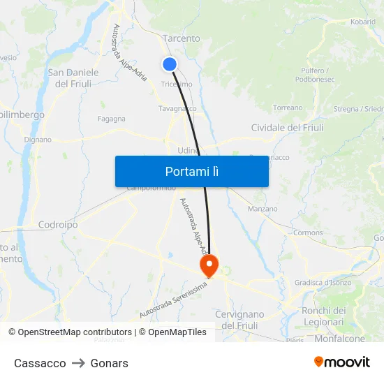 Cassacco to Gonars map