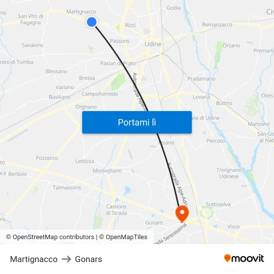 Martignacco to Gonars map