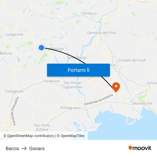 Barcis to Gonars map