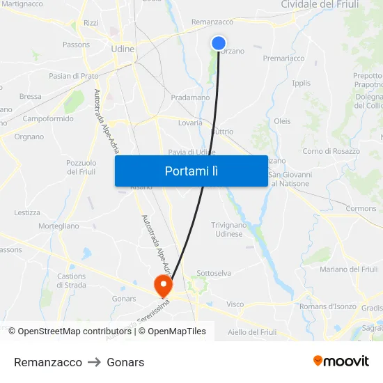 Remanzacco to Gonars map