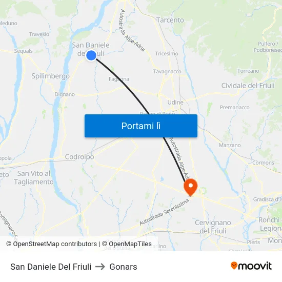 San Daniele Del Friuli to Gonars map
