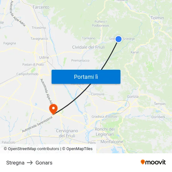 Stregna to Gonars map