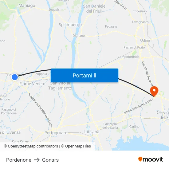 Pordenone to Gonars map