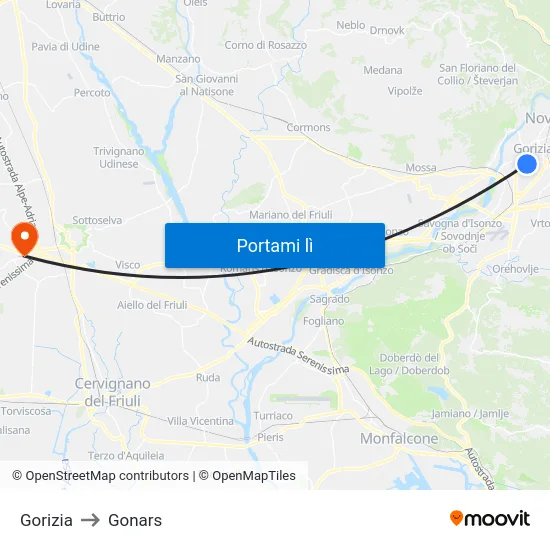 Gorizia to Gonars map