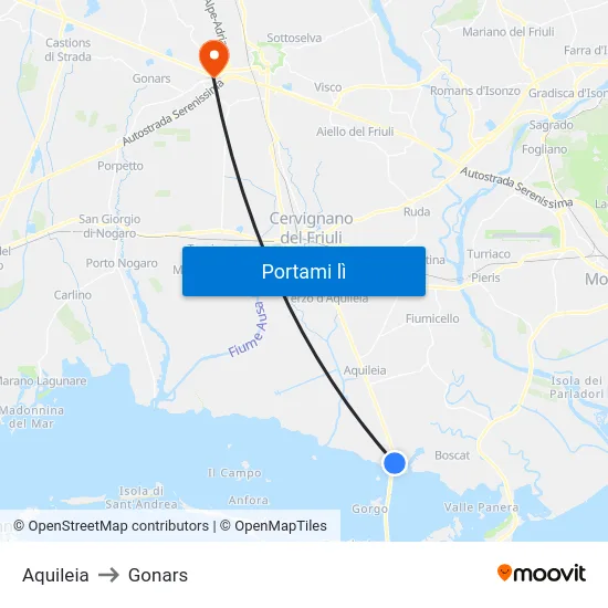 Aquileia to Gonars map