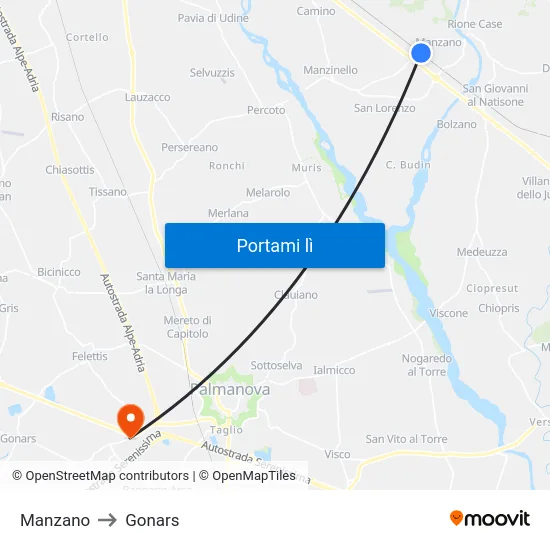 Manzano to Gonars map