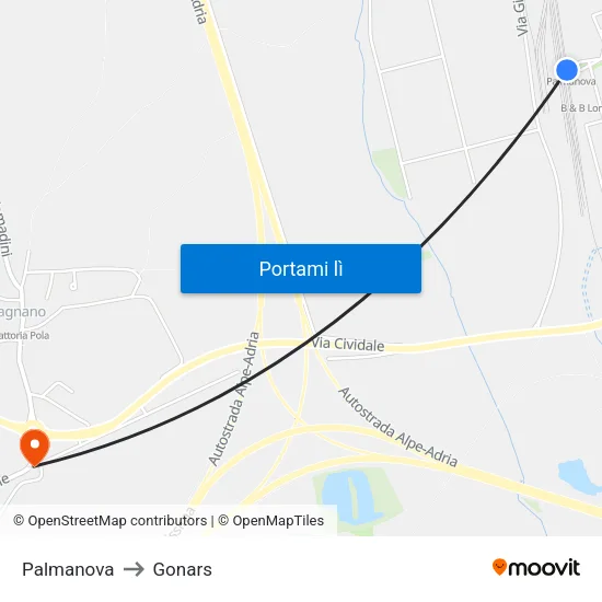 Palmanova to Gonars map