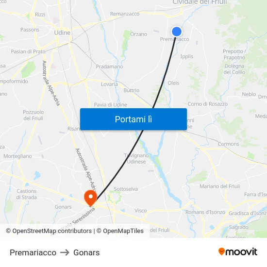 Premariacco to Gonars map