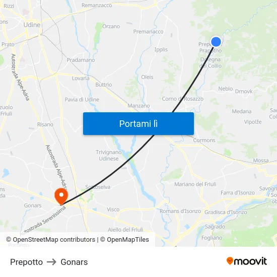 Prepotto to Gonars map