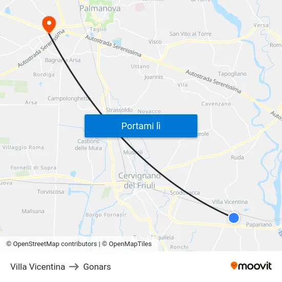 Villa Vicentina to Gonars map