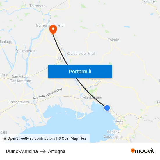 Duino-Aurisina to Artegna map