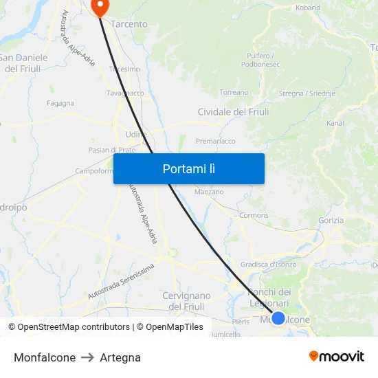 Monfalcone to Artegna map