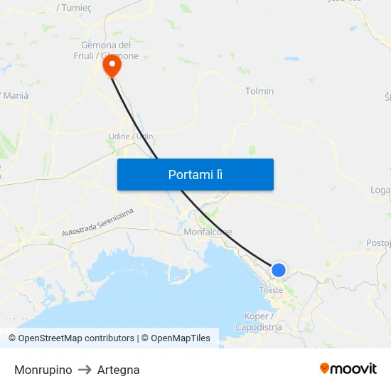 Monrupino to Artegna map