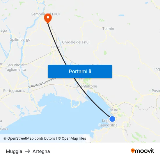 Muggia to Artegna map