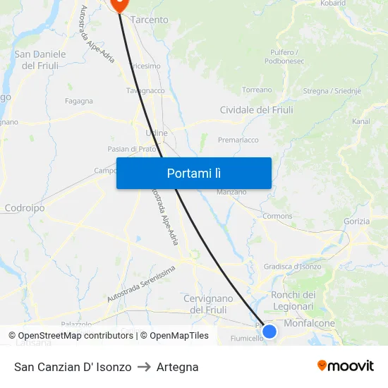 San Canzian D' Isonzo to Artegna map