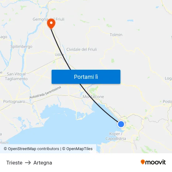 Trieste to Artegna map