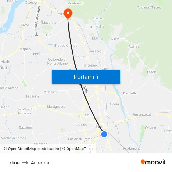 Udine to Artegna map