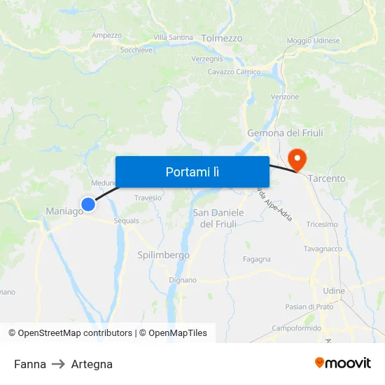 Fanna to Artegna map