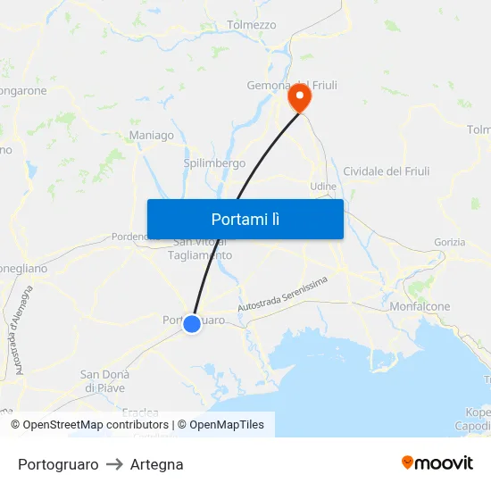 Portogruaro to Artegna map