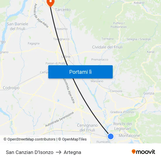 San Canzian D'Isonzo to Artegna map