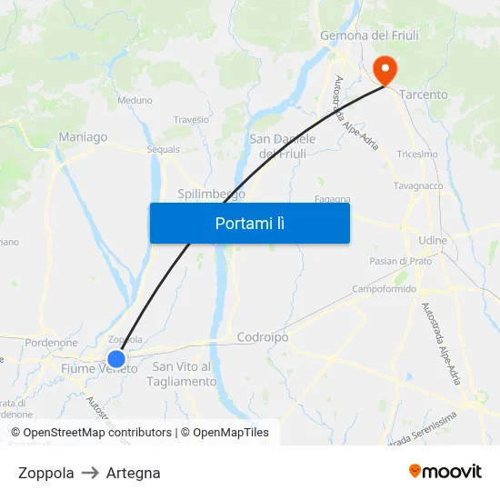 Zoppola to Artegna map