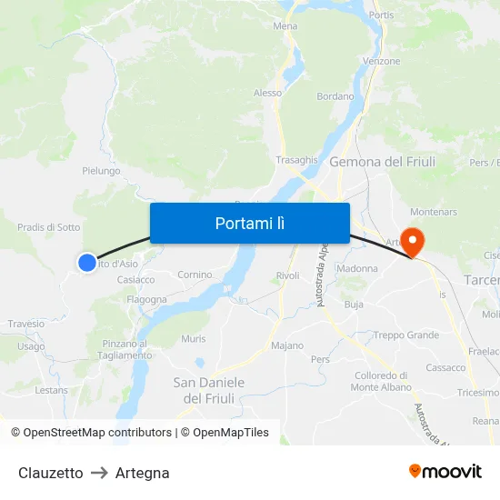 Clauzetto to Artegna map