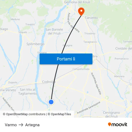 Varmo to Artegna map