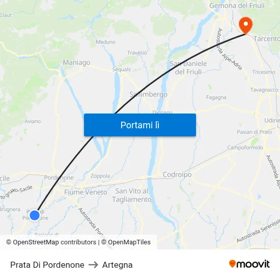 Prata Di Pordenone to Artegna map