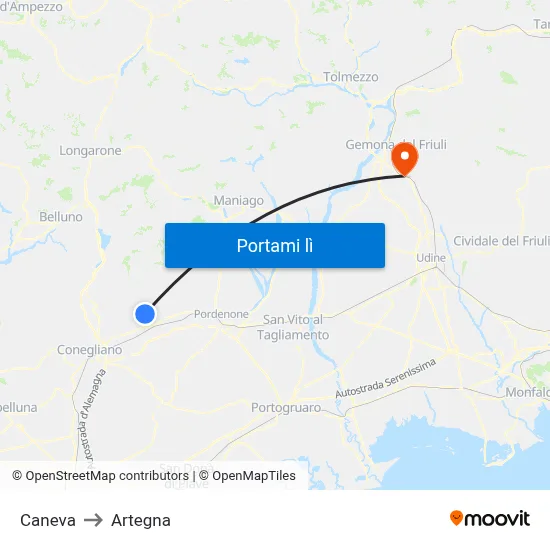 Caneva to Artegna map