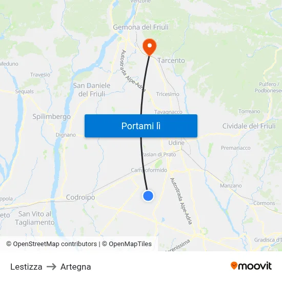 Lestizza to Artegna map