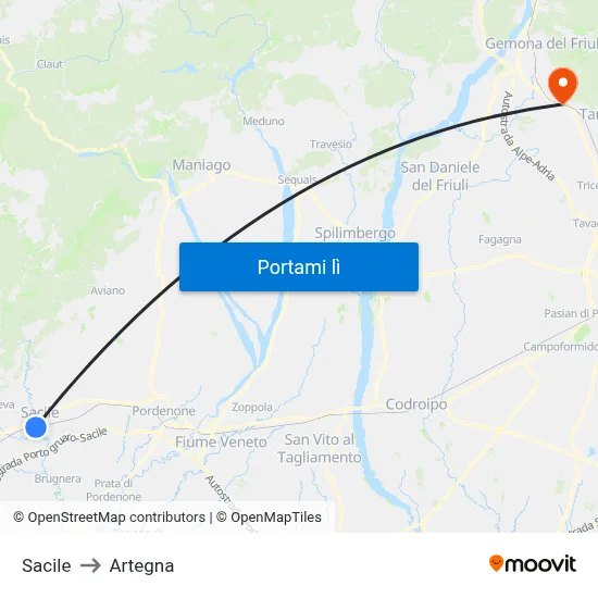 Sacile to Artegna map