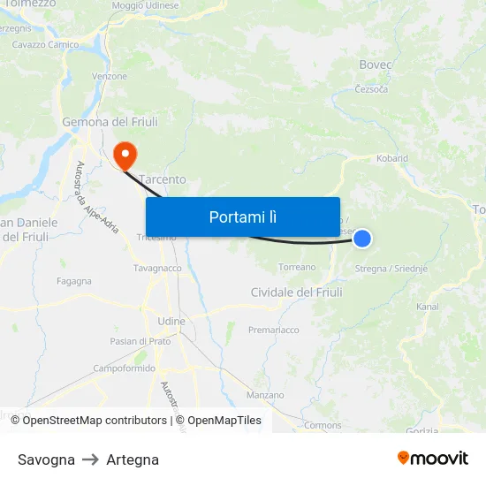 Savogna to Artegna map