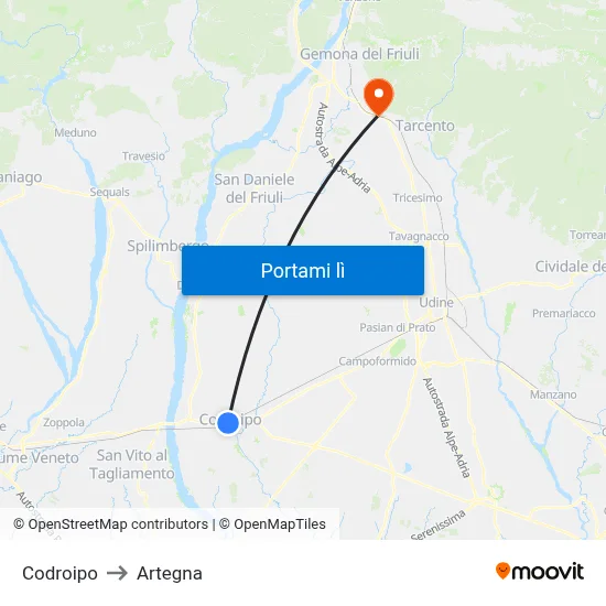 Codroipo to Artegna map