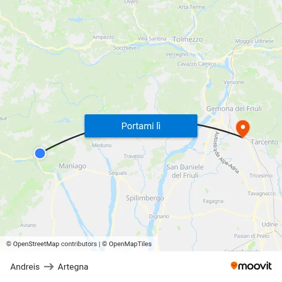 Andreis to Artegna map