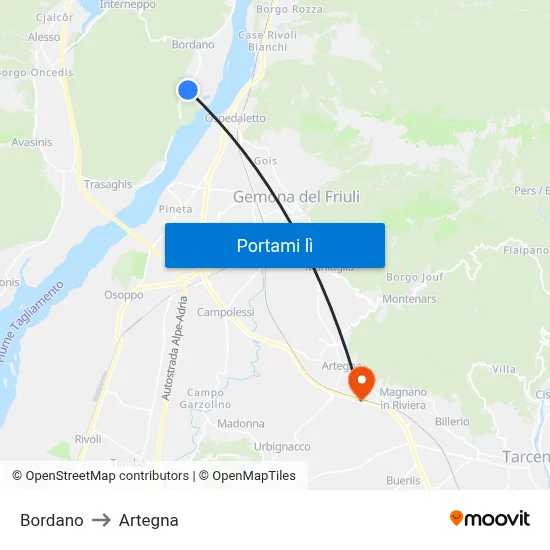 Bordano to Artegna map