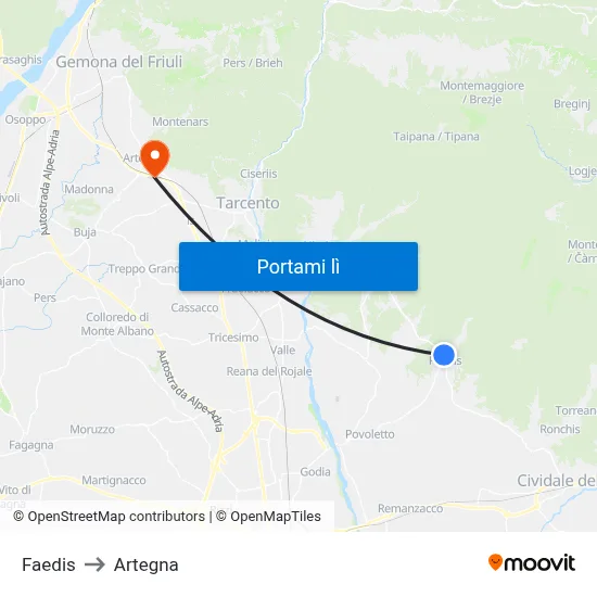 Faedis to Artegna map