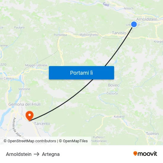 Arnoldstein to Artegna map