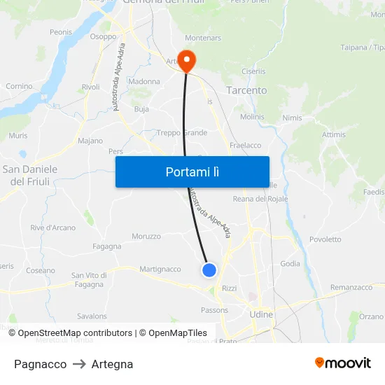 Pagnacco to Artegna map