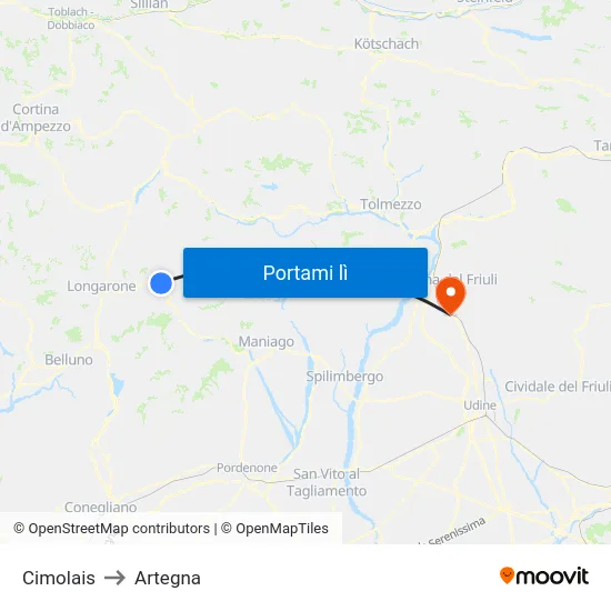 Cimolais to Artegna map