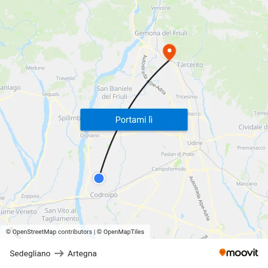 Sedegliano to Artegna map