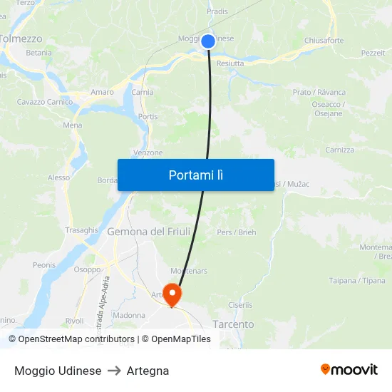 Moggio Udinese to Artegna map
