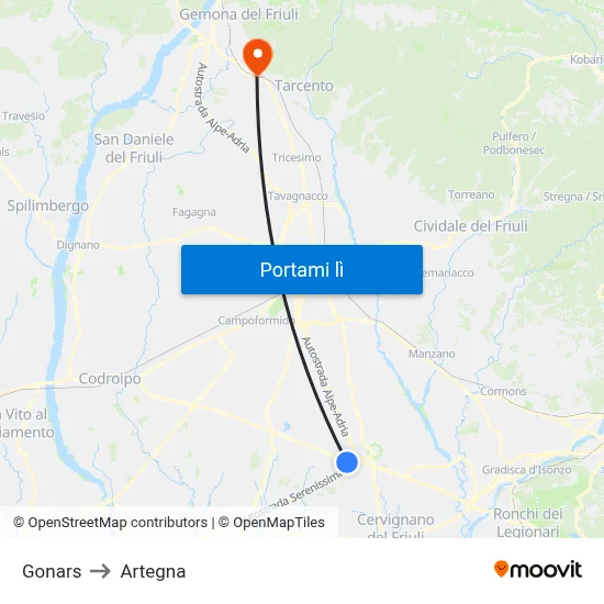 Gonars to Artegna map