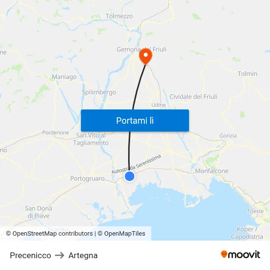 Precenicco to Artegna map
