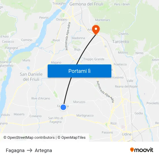 Fagagna to Artegna map
