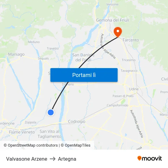 Valvasone Arzene to Artegna map
