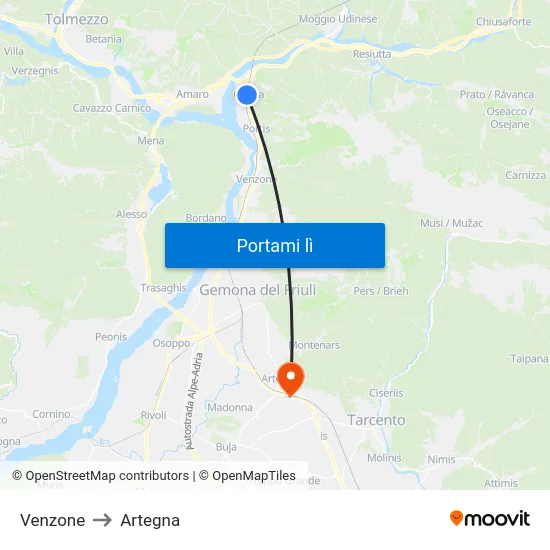 Venzone to Artegna map